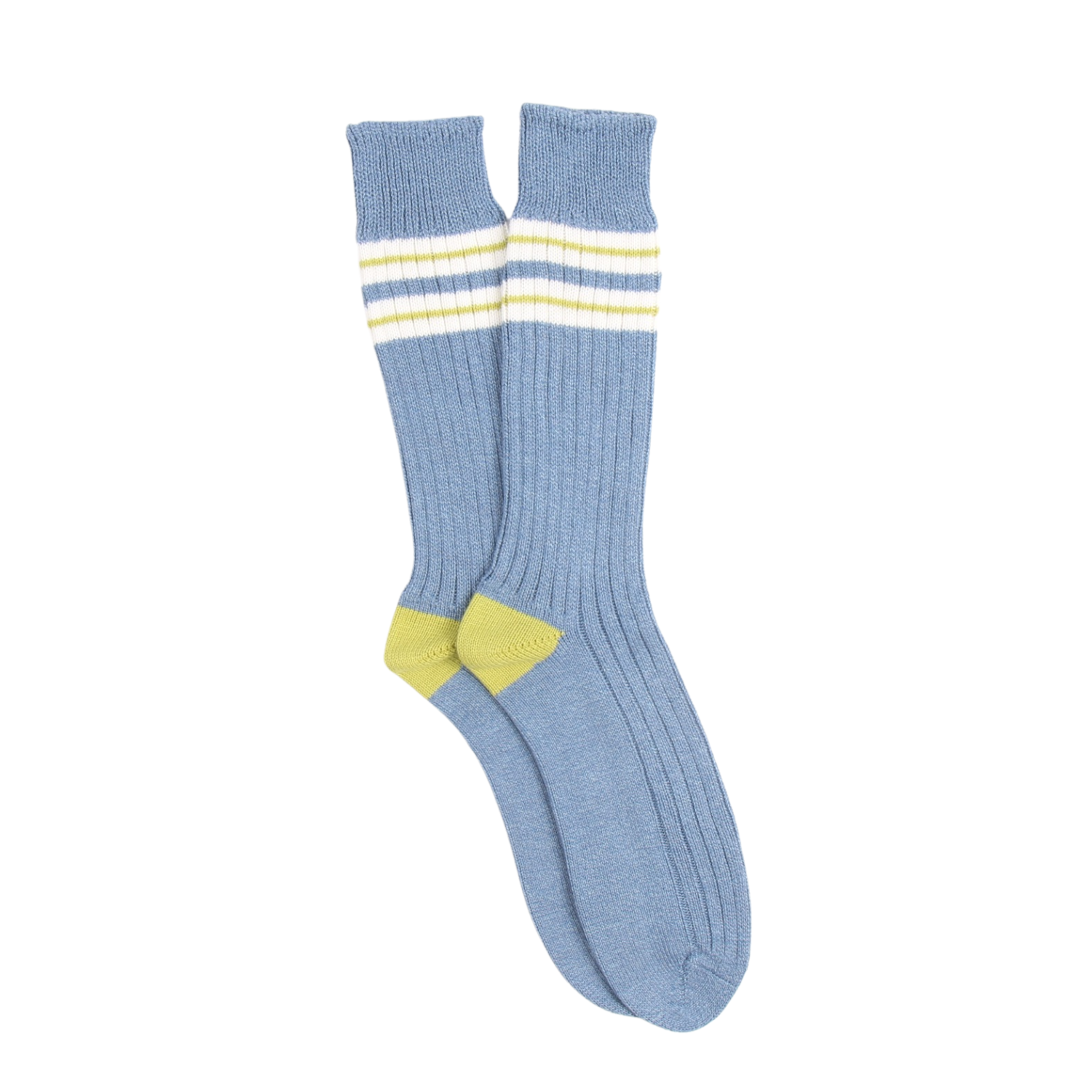 Light blue sock with yellow accents on a white background