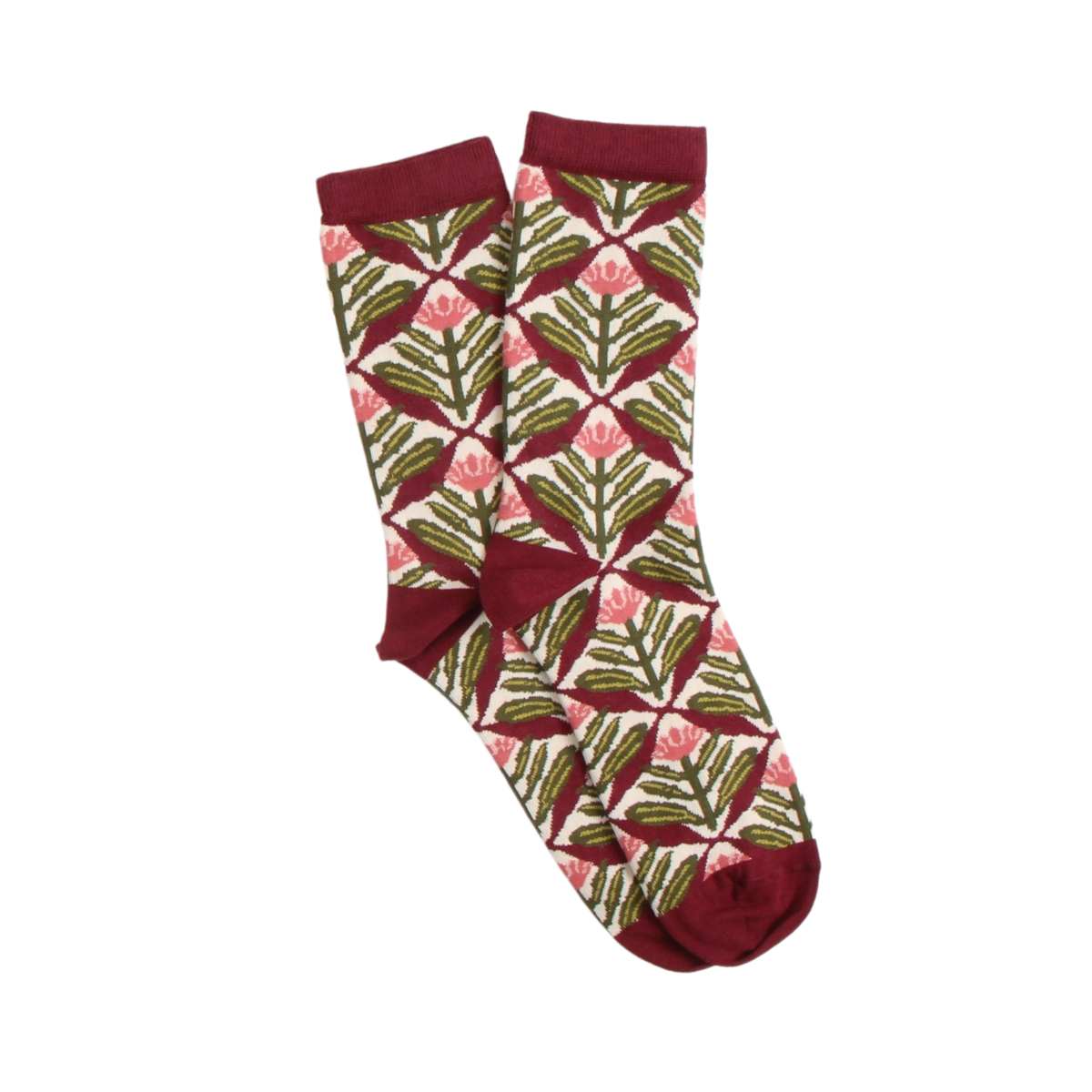 Pair of socks with a floral pattern on a white background