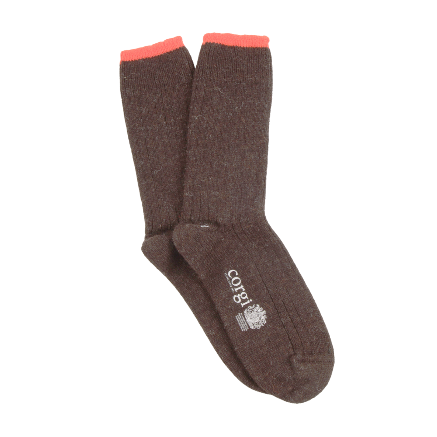 A pair of dark brown wool socks with a bright coral pink ribbed cuff and a white embroidered 'cork' logo with a tree icon on the toe, shown against a plain white background.