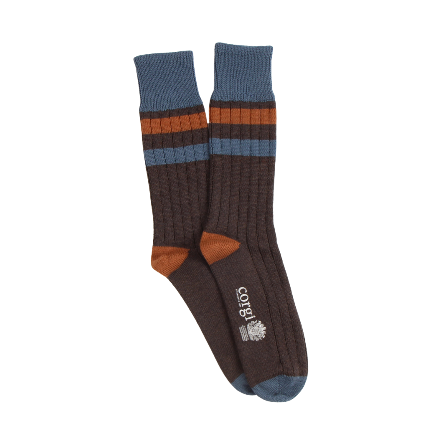 A pair of dark brown ribbed crew socks with blue and orange stripes near the cuff, orange heels, and blue toes, featuring the brand name 'Corgi' printed on the sole.
