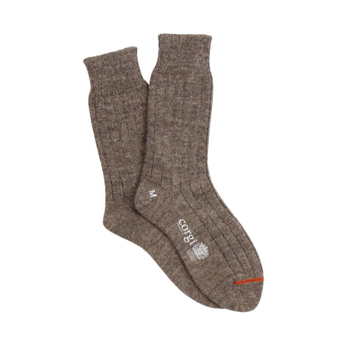 A pair of ribbed crew socks in a heathered brown wool-like fabric, featuring a white embroidered 'corgi' logo and a small orange accent stripe on the toe, shown against a plain white background.