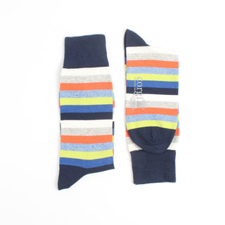 Pair of striped socks with a visible brand logo photographed on a white background