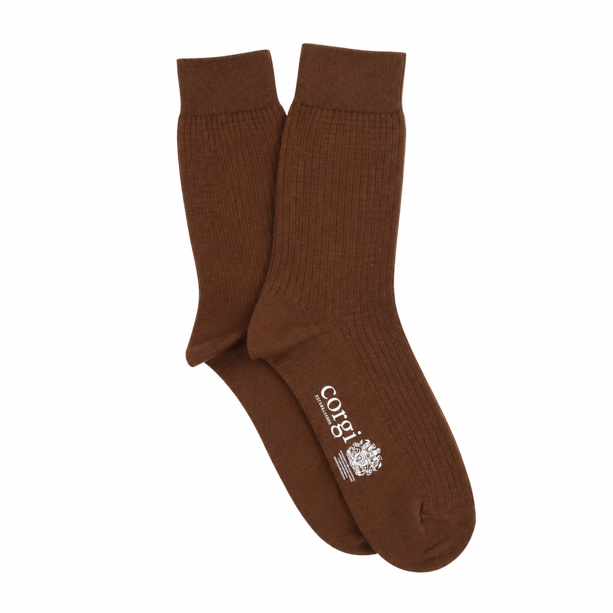 A pair of brown textured crew socks with a white printed logo on the side, displayed against a solid white background.