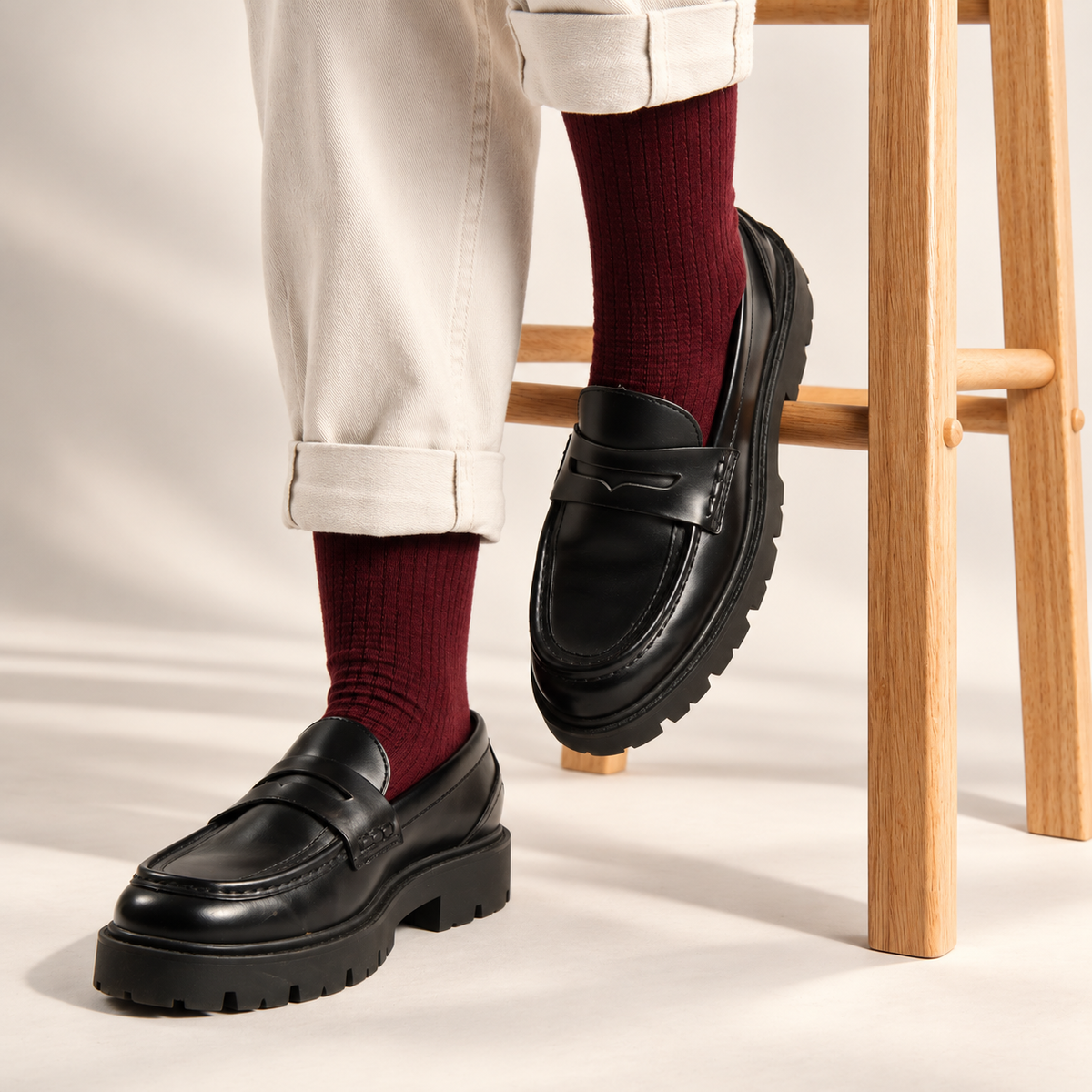 A person wearing black leather penny loafers with chunky lug soles, paired with dark burgundy socks and off-white cuffed trousers, seated on a light wood stool.