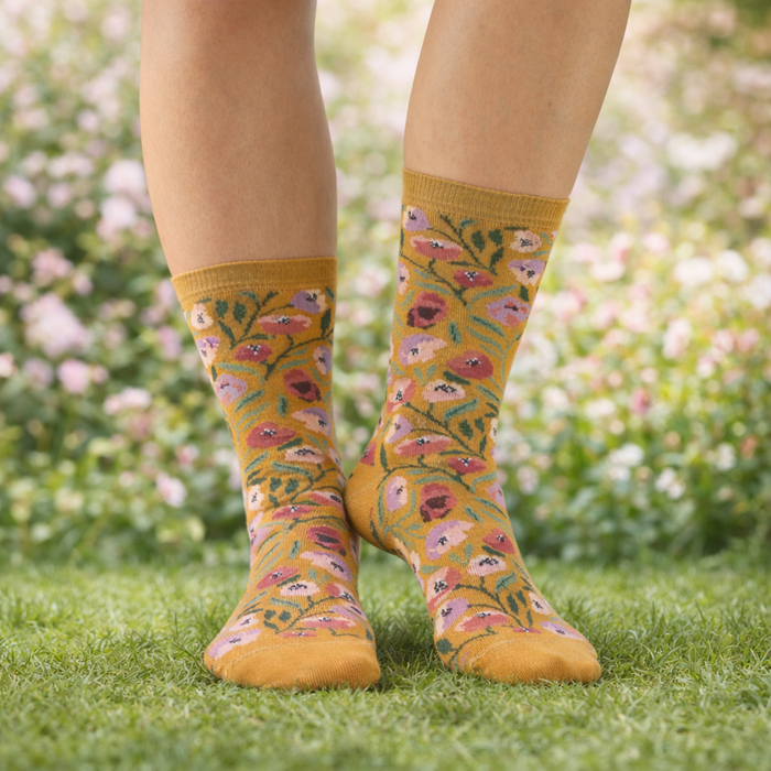 Floral-patterned socks worn outdoors on a grassy background