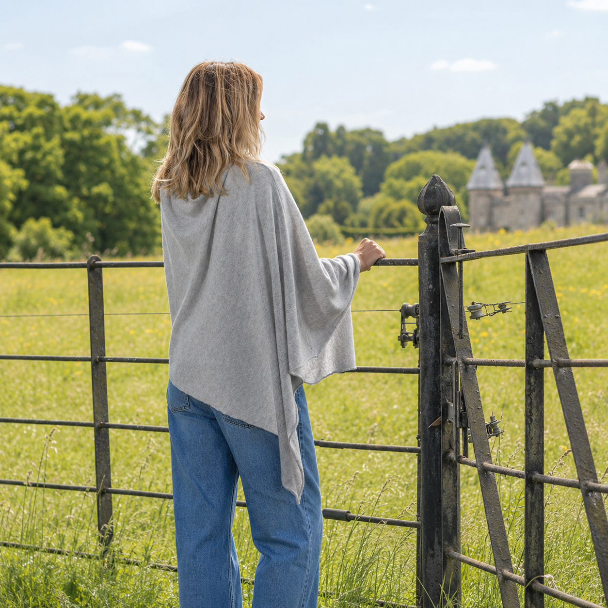 Woman standing by a gate in a field with a castle in the background