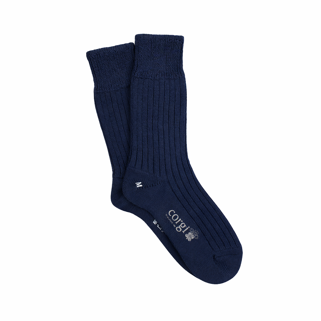 Navy blue sock with a brand logo on a white background