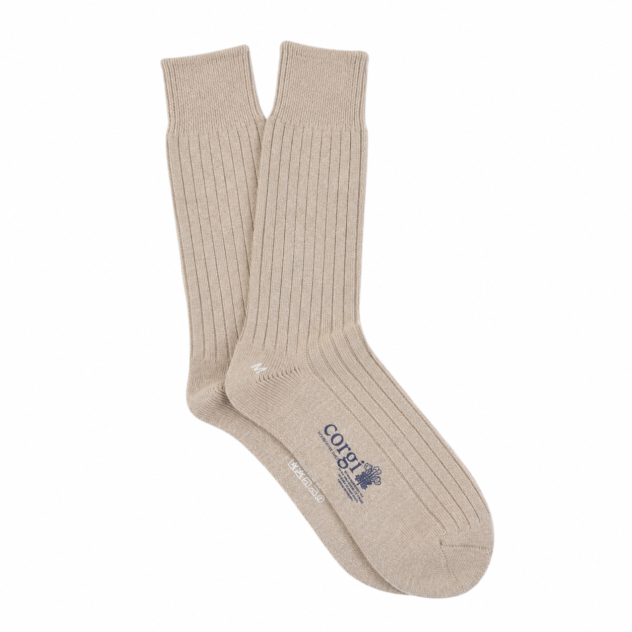 Beige sock with a brand logo on a white background