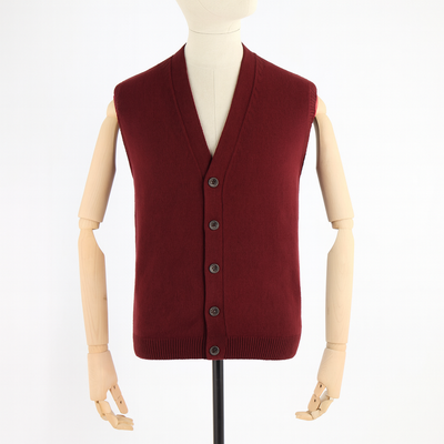 Maroon cardigan vest on a mannequin against a white background