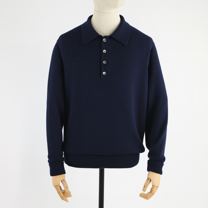Navy blue sweater on a mannequin against a white background
