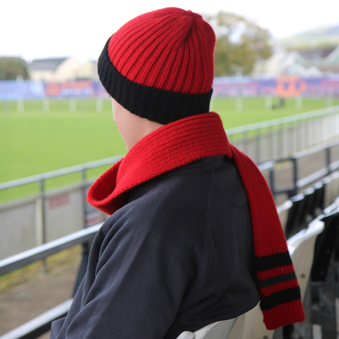 Person wearing a red and black beanie and scarf at a sports stadium.
