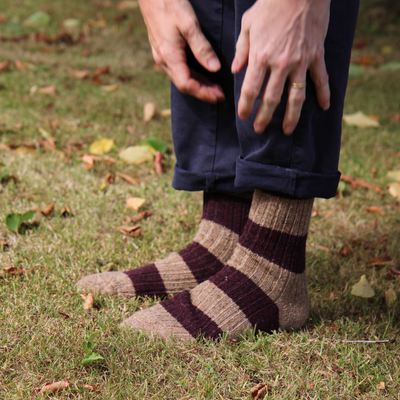 Person wearing striped socks outdoors on a grassy area