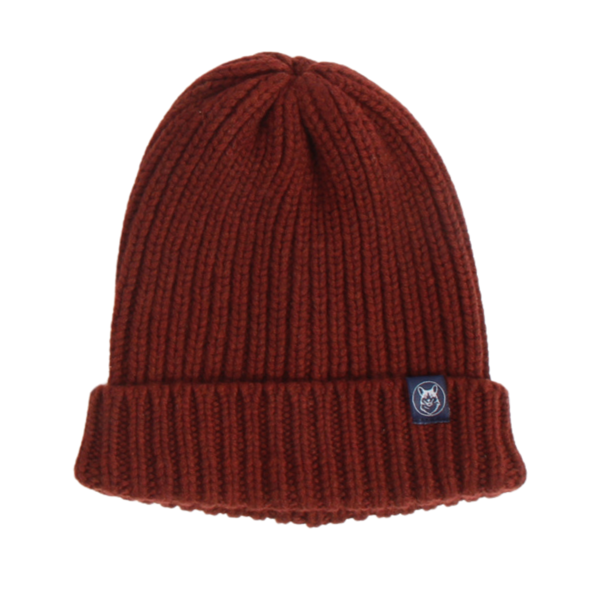 A dark red ribbed knit beanie hat with a folded cuff and a small navy blue brand patch on the side, shown against a plain white background.