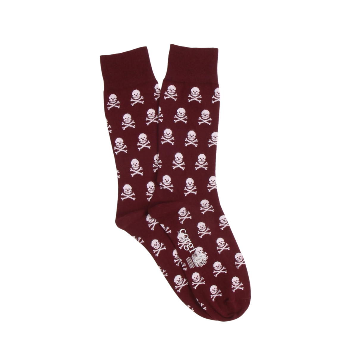 A pair of dark maroon crew socks with a repeating white skull and crossbones pattern, featuring a small white embroidered logo near the toe.
