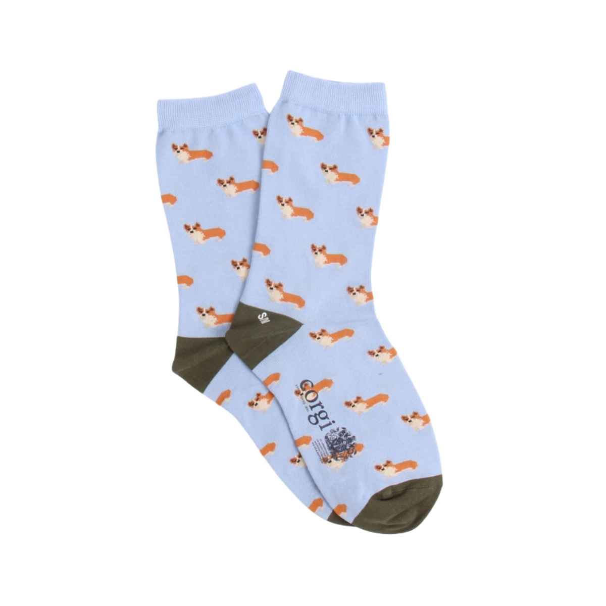 A pair of light blue crew socks with an all-over corgi dog print and dark olive green heels, toes, and cuffs, displayed on a clean white background.