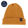 Mustard yellow knit beanie with a brand logo on a white background