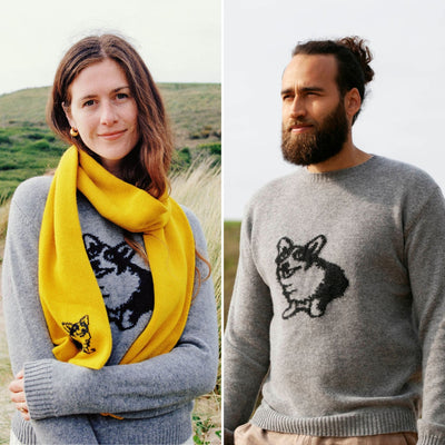 A collage of two images, one showing a woman wearing a gray wool sweater with a corgi motif in intarsia knit, and the other showing a man wearing a similar sweater. Both are modeling the sweaters outdoors.