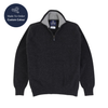 navy half zip sweater with a visible brand label on a white background