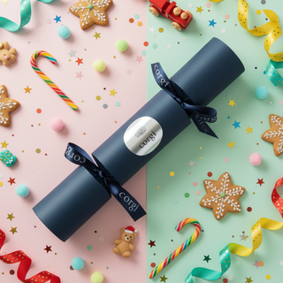 Corgi branded blue cracker on a festive background with cookies, candy canes, and ribbons.