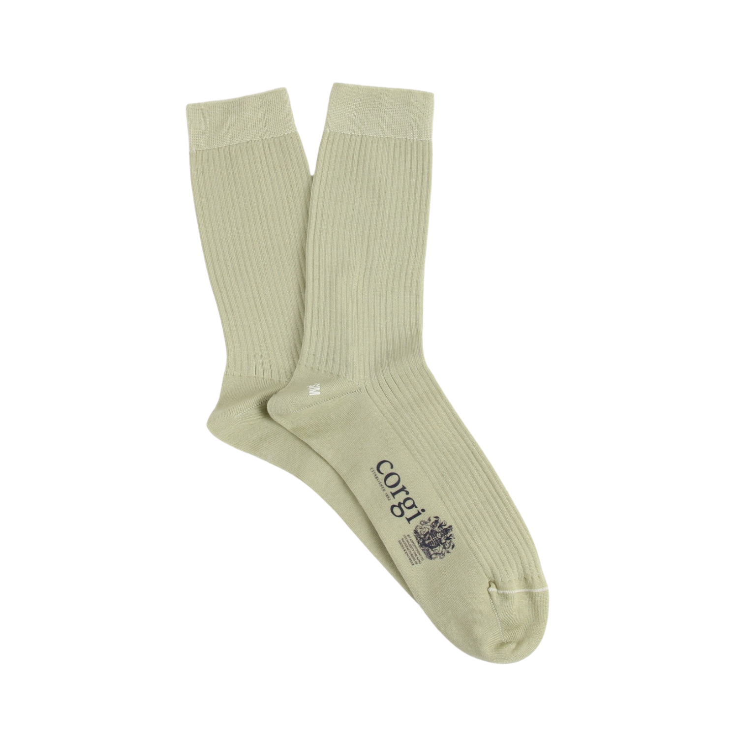 Pair of light green socks with a brand logo on a white background