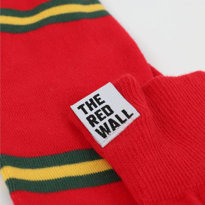 Red sock with green and yellow stripes and 'The Red Wall' label on a white background