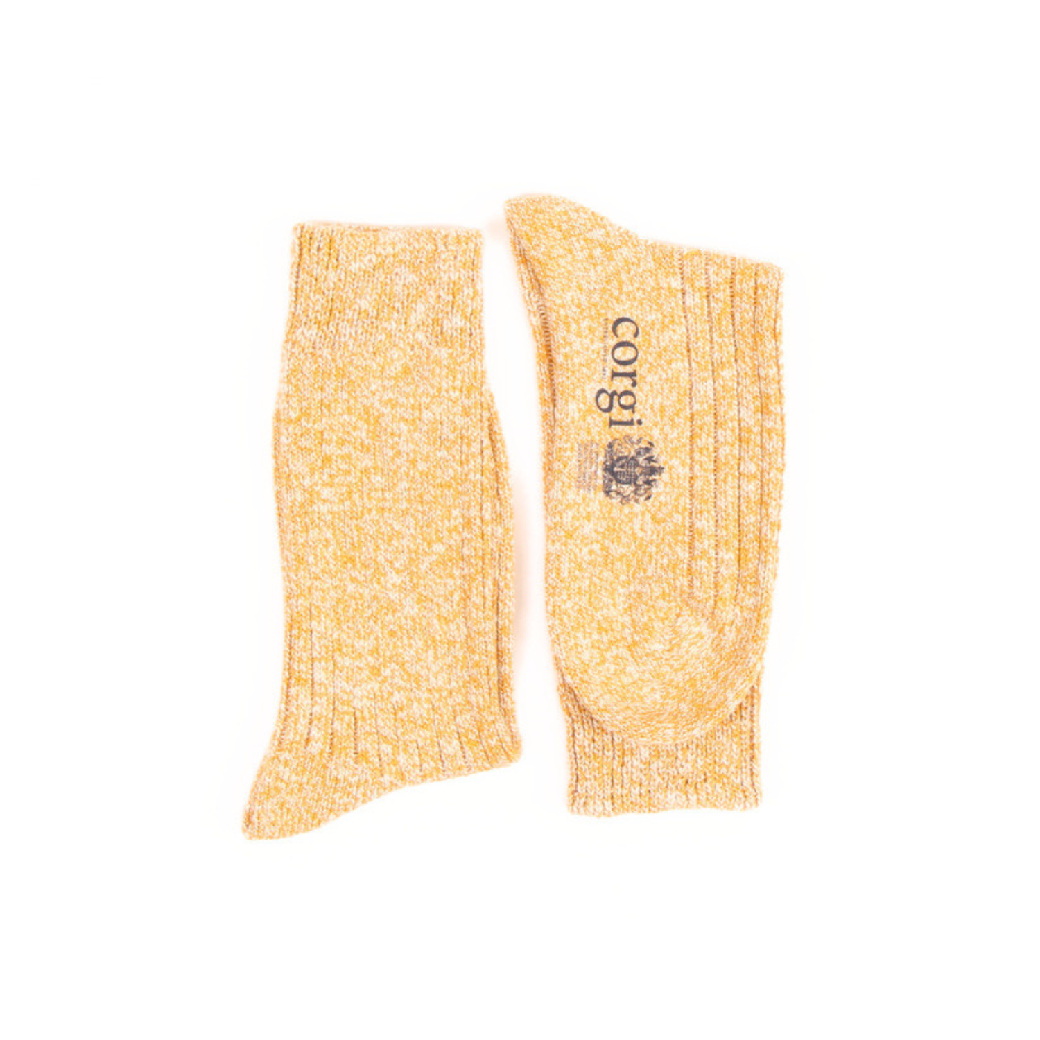 Pair of yellow textured socks with a brand logo on a white background