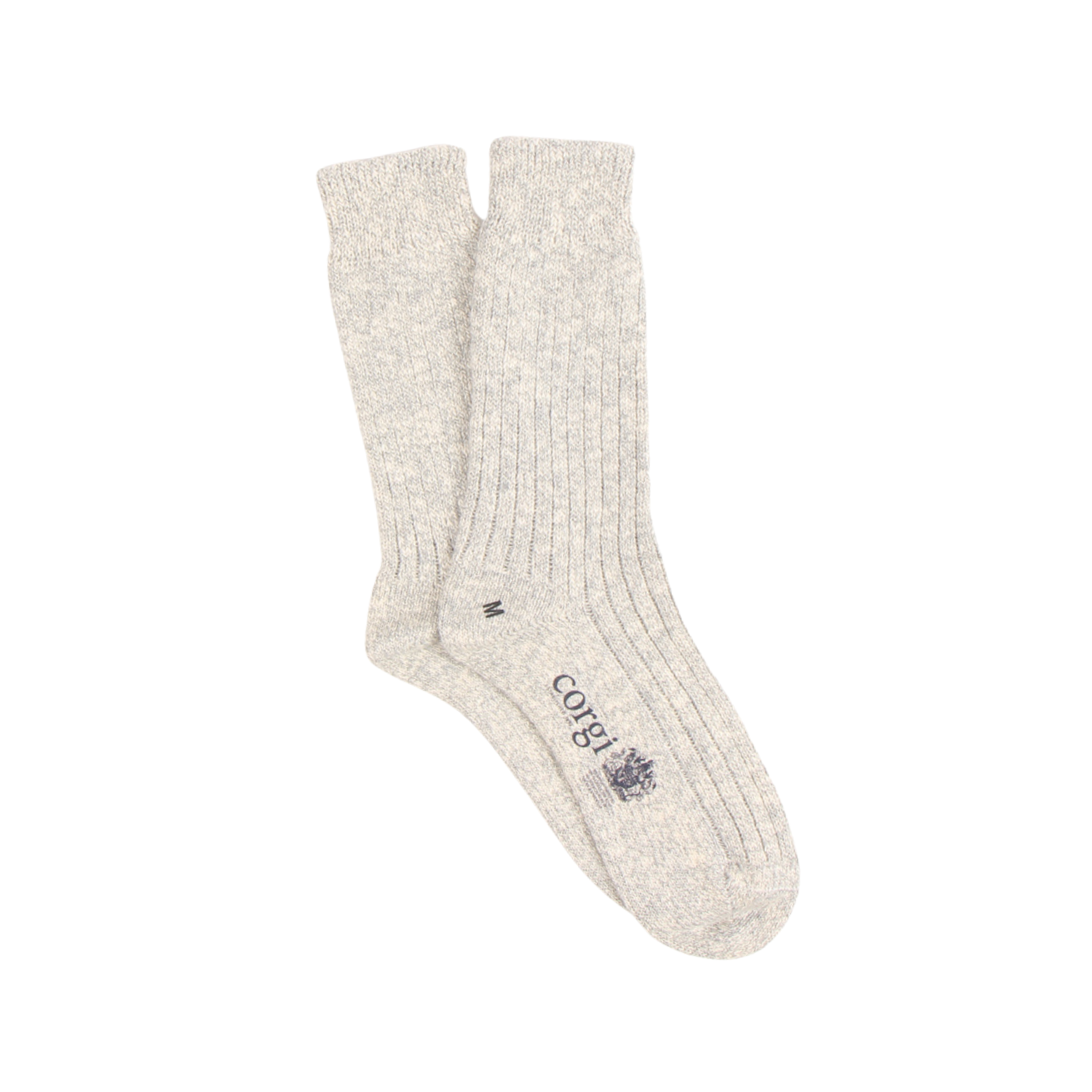 Pair of silver socks with a brand logo on a white background