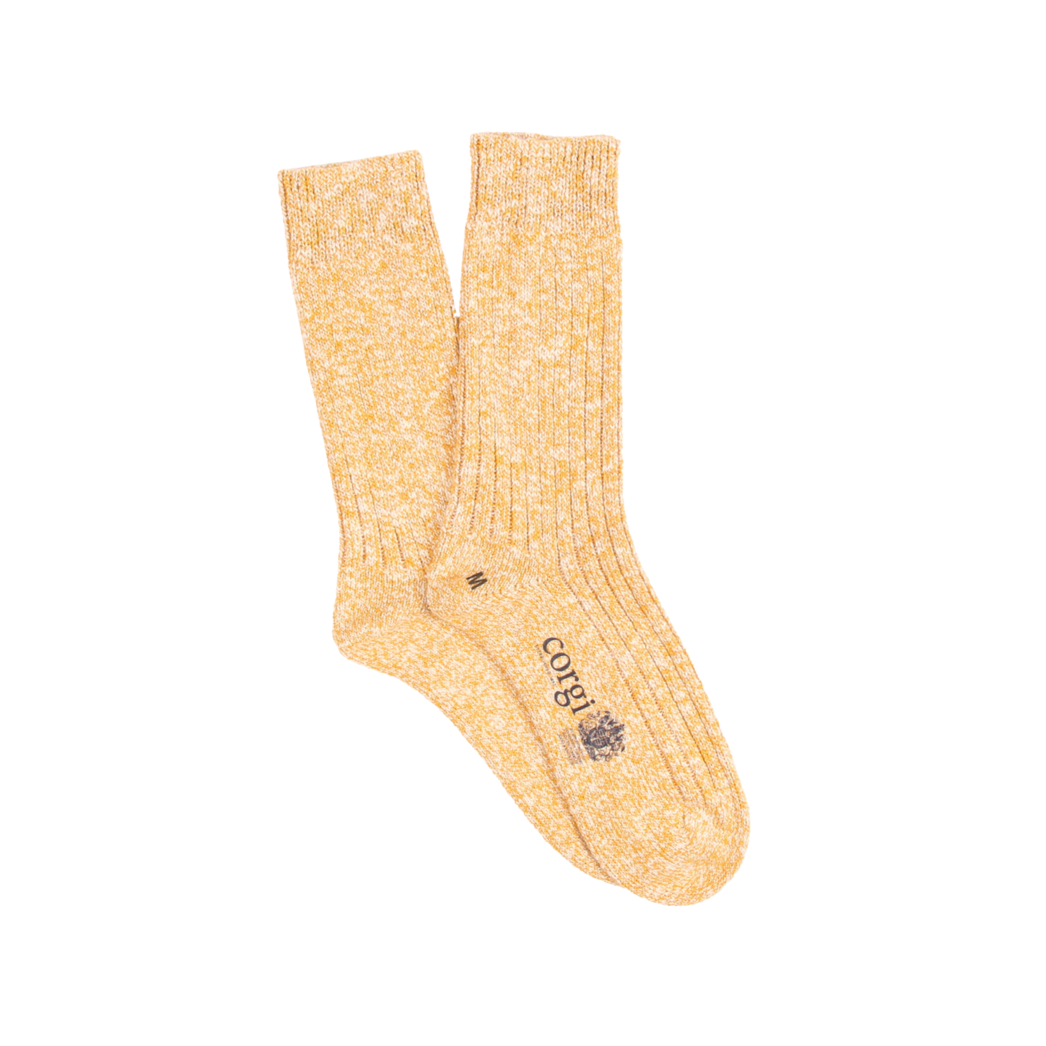 Pair of yellow socks with a brand logo on a white background
