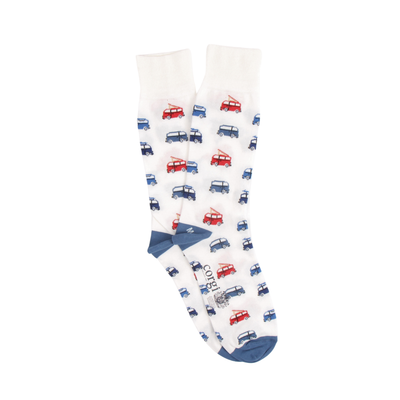 White socks with red and blue campervans pattern on a white background