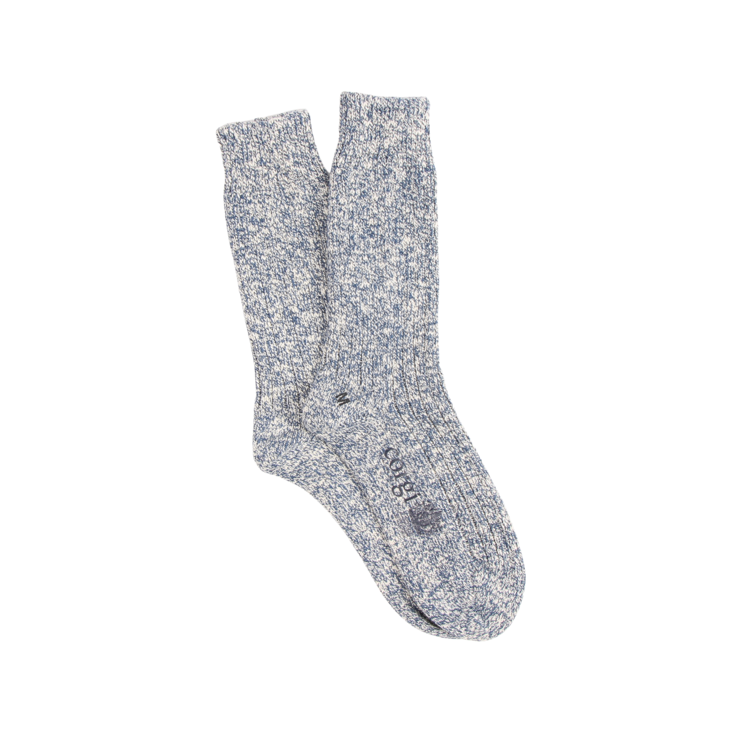Blue marled sock on a white background