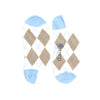 Pair of socks with argyle pattern and blue accents on a white background