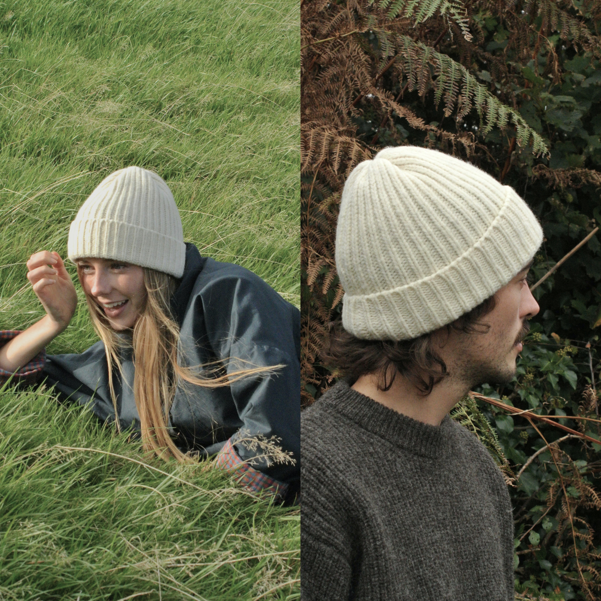 A split-screen lifestyle image showing a cream ribbed knit beanie worn by two models outdoors. On the left, a woman lies in green grass wearing the beanie.