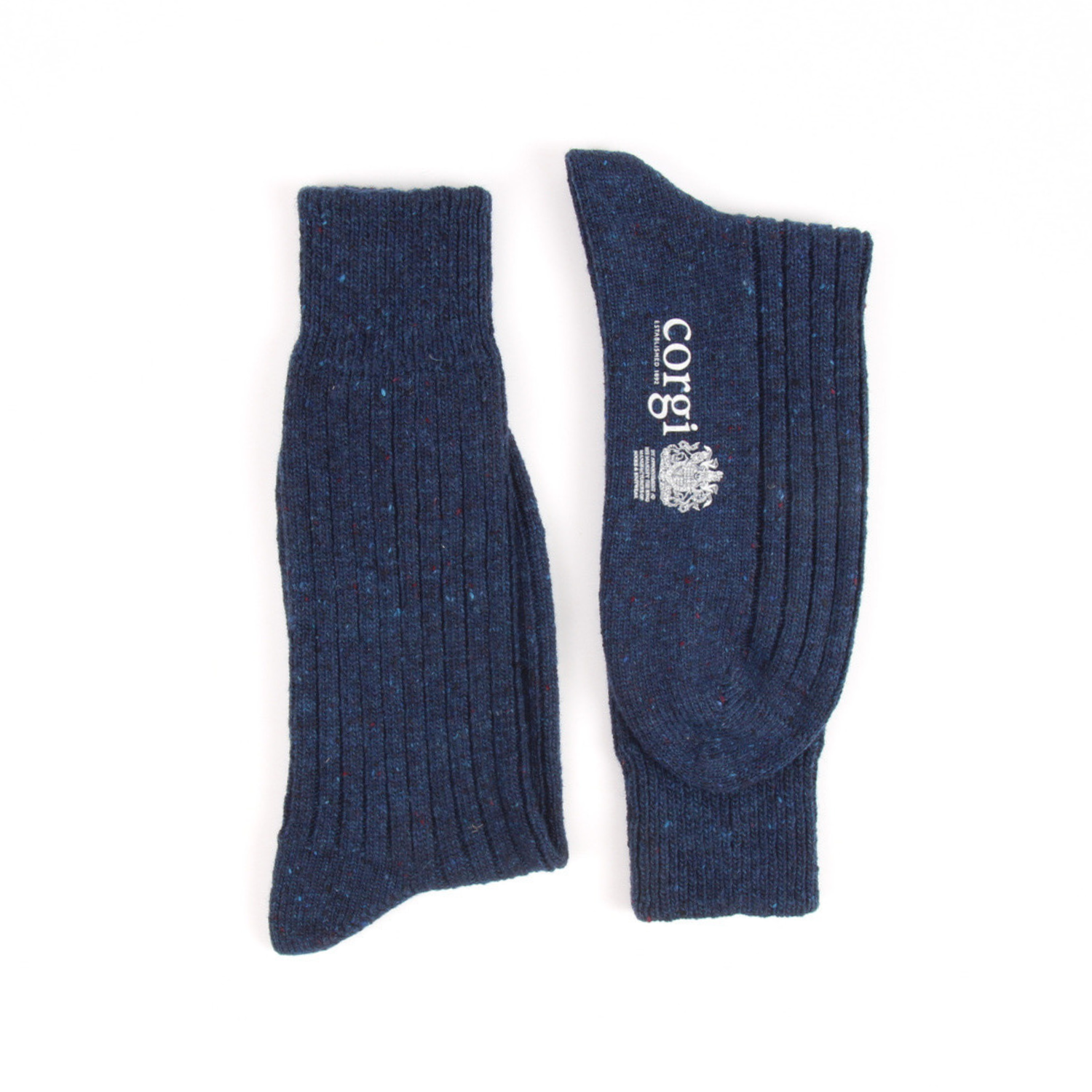 Pair of blue socks with a logo on a white background