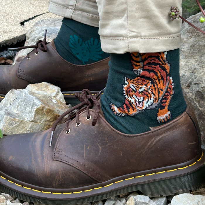 Man wearing Prowling Tiger Cotton Socks