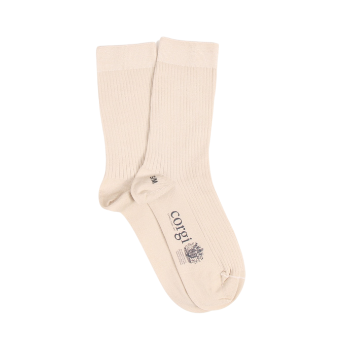 Beige sock with 'corgi' branding on a white background