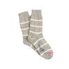 A pair of gray striped women's socks with a ribbed style and pink detailing on the toe.