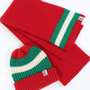 Red, green, and white striped hat and scarf set on a white background