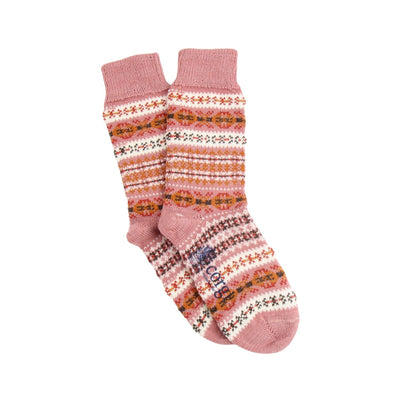 Pair of pink socks with a pattern on a white background