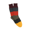 Colorful striped sock with a yellow toe on a white background