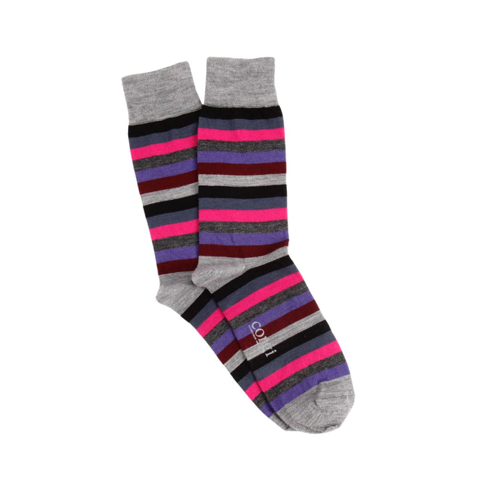 Pair of gray socks with colorful horizontal stripes on a white background