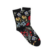 Black socks with colorful floral pattern on a white background