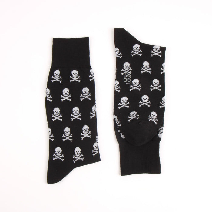 Black socks with white skull and crossbones pattern on a white background