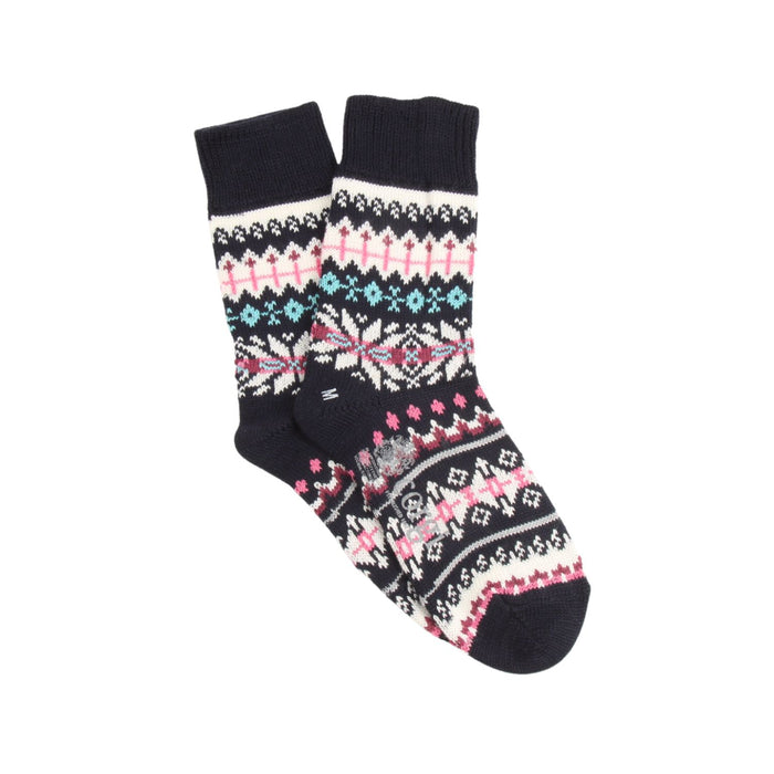 Pair of navy socks with a fair isle pattern on a white background