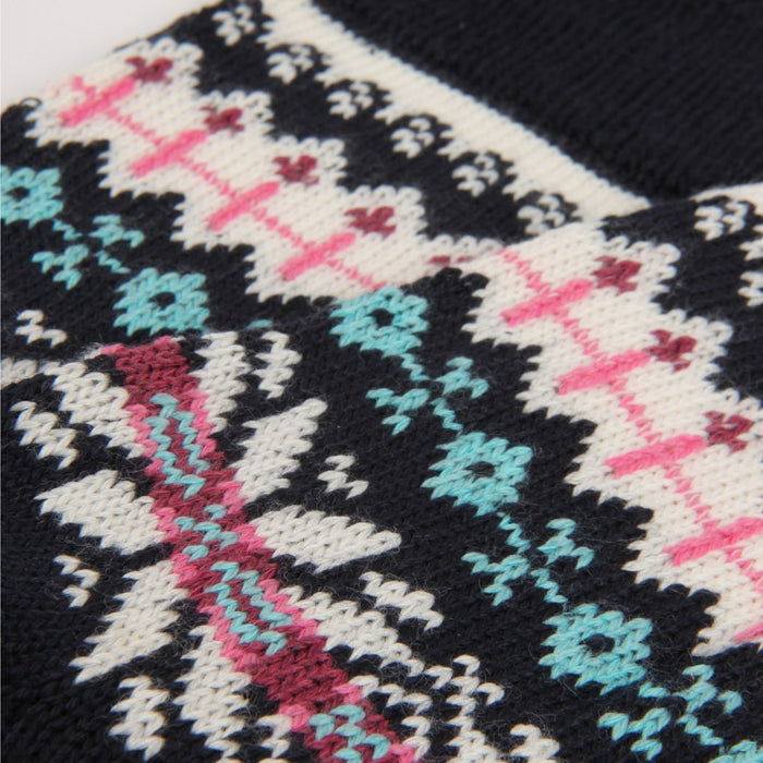 Close-up of a knitted fabric with a colourful pattern featuring navy, pink, blue, and white.