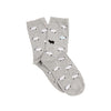 Gray socks with black and white sheep pattern on a white background