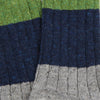 Close-up of multicoloured fabric with green, blue, and grey stripes.