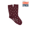 Maroon socks with white patterns on a white background, featuring 'Combat Stress' text.