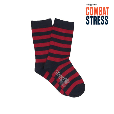 Navy and red striped socks with 'Combat Stress' branding on a white background