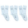 Set of white socks with 'G' letter on a white background