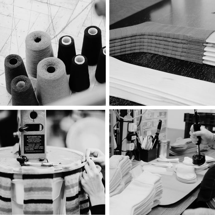 A collage of four black and white images showing different aspects of the sock manufacturing process, including spools of thread, folded socks, a measuring tape, and a person working at a sewing machine.